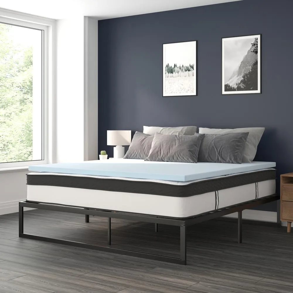 14 Inch Metal Platform Bed Frame With 12 Inch Pocket Spring Mattress In A Box And 2 Inch Cool Gel Memory Foam Topper - King By Flash Furniture