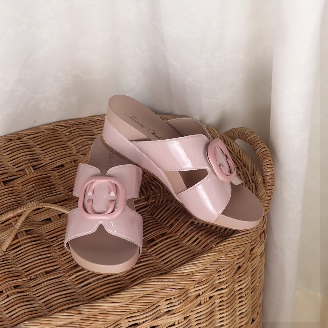 [20% off at cart] Pastel Pink Buckle Slide-On Wedges