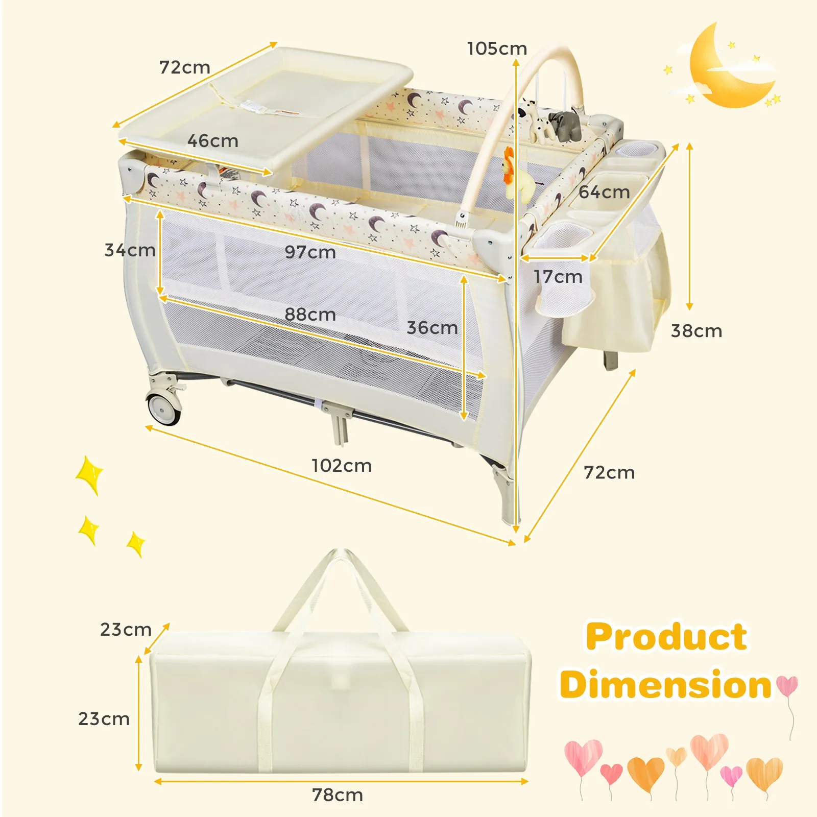 3 in 1 Convertible Bassinet Cot with Changing Table and Toy Bar-Beige