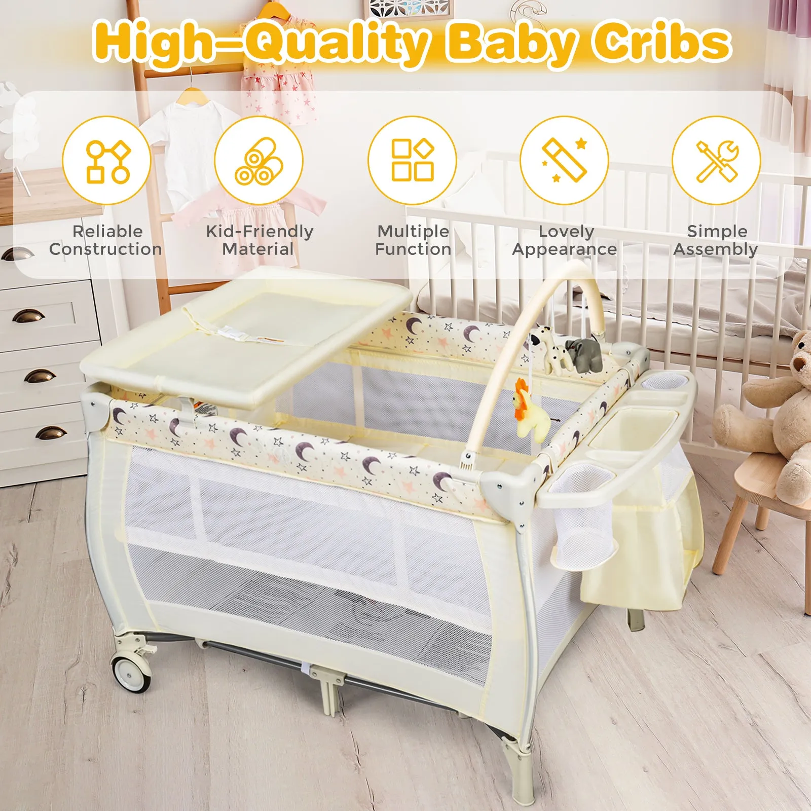 3 in 1 Convertible Bassinet Cot with Changing Table and Toy Bar-Beige