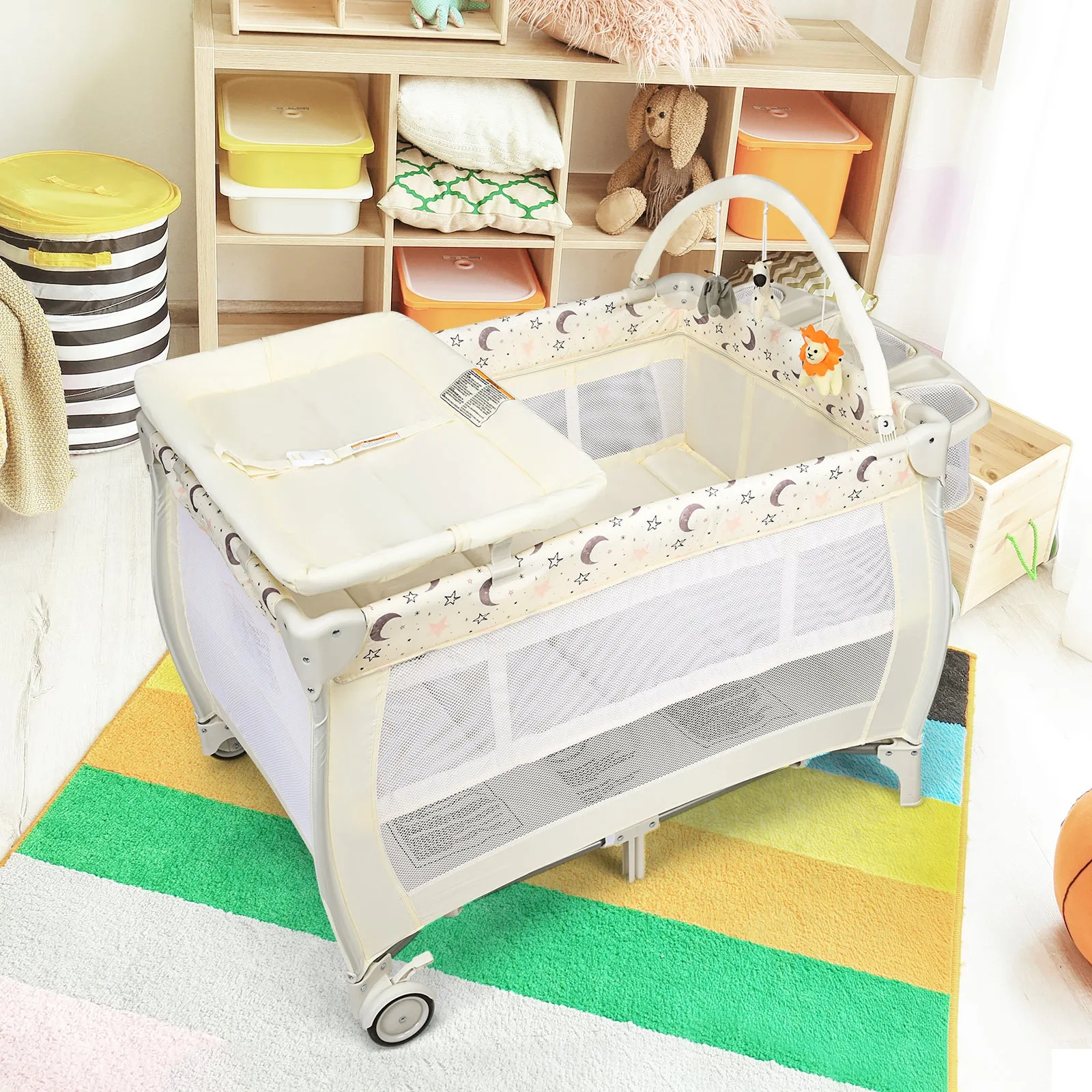 3 in 1 Convertible Bassinet Cot with Changing Table and Toy Bar-Beige