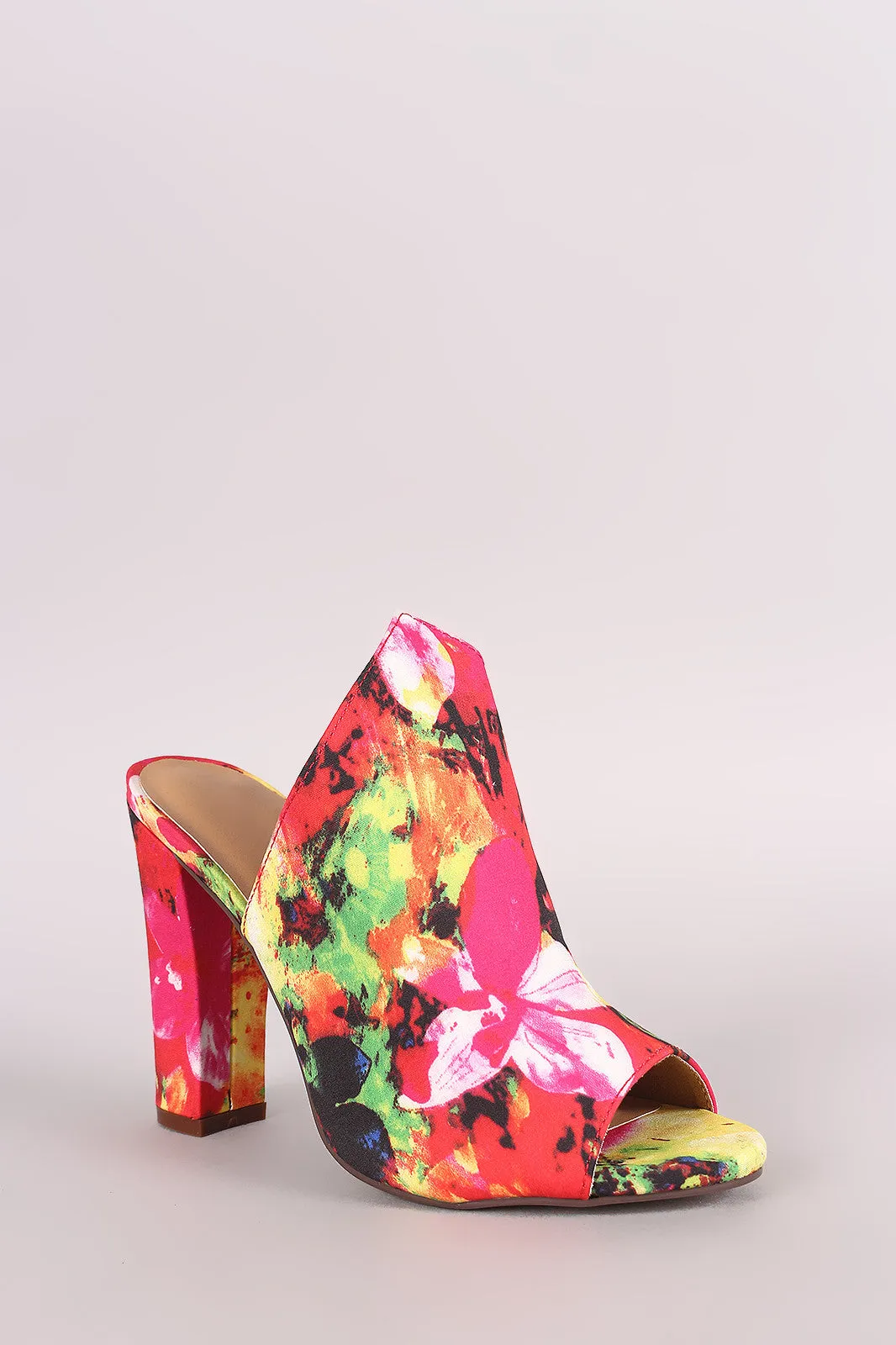 Bamboo Abstract Watercolor Floral Chunky Mule Heel