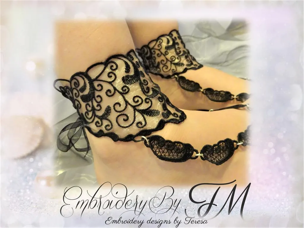 Barefoot sandals Black / 5x7 hoop/ long part is embroidery on organza   component only lace