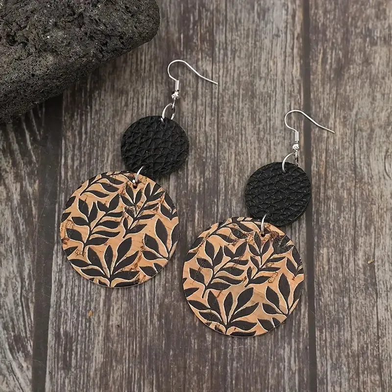Black Leather And Black Leaves On Cork Double Circle Earrings
