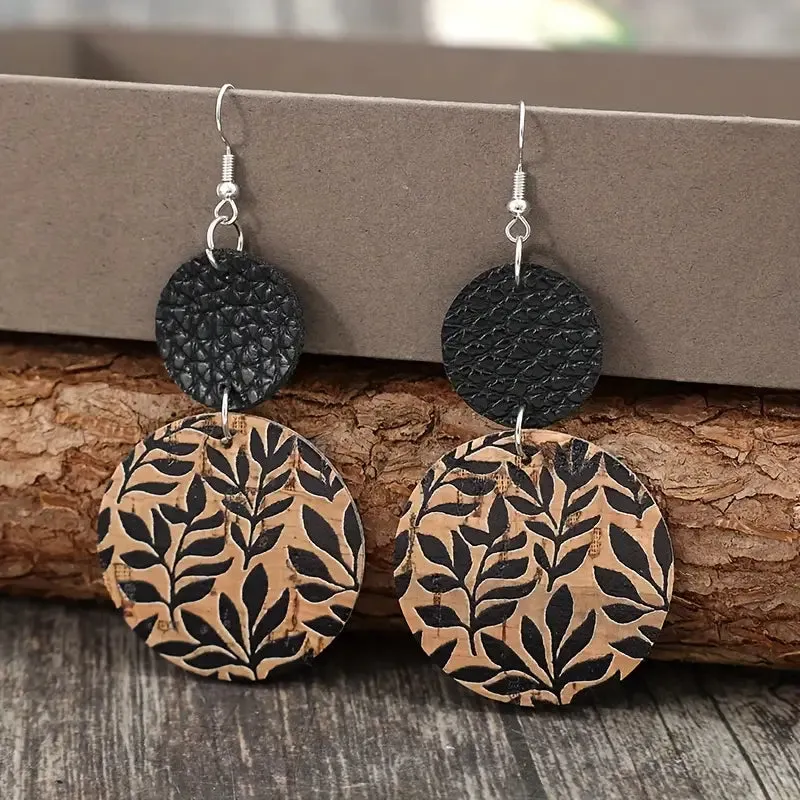 Black Leather And Black Leaves On Cork Double Circle Earrings