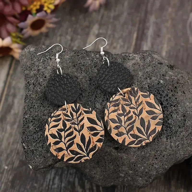 Black Leather And Black Leaves On Cork Double Circle Earrings