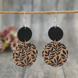 Black Leather And Black Leaves On Cork Double Circle Earrings