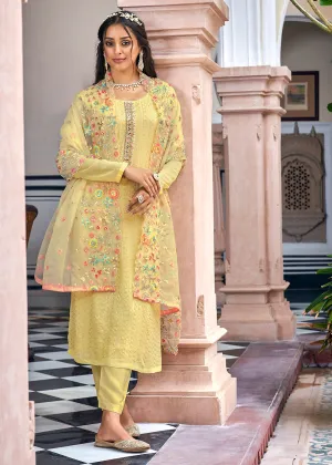 Designer Embroidered Light Yellow Trendy Salwar Suit