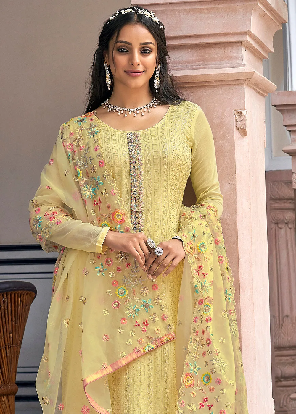 Designer Embroidered Light Yellow Trendy Salwar Suit