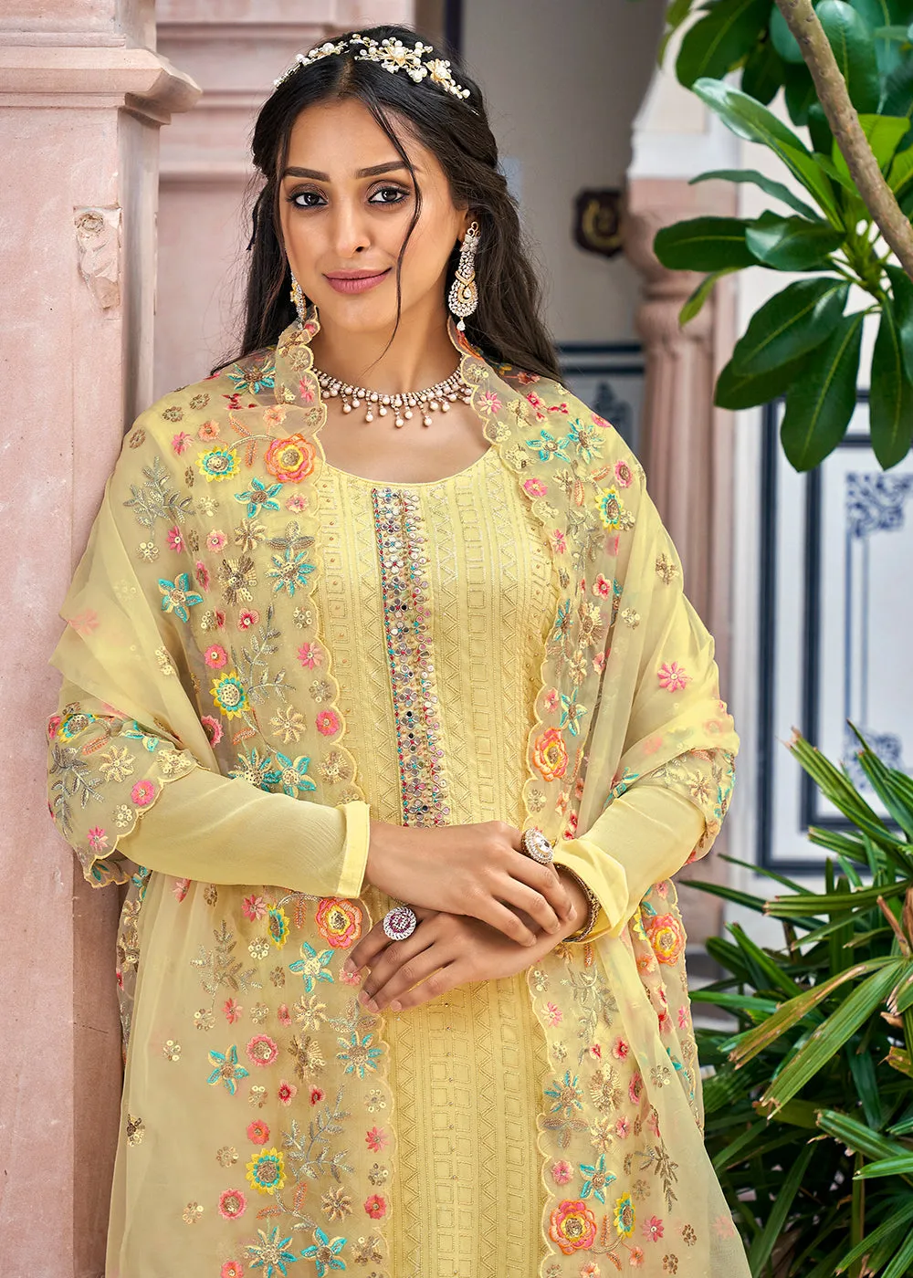 Designer Embroidered Light Yellow Trendy Salwar Suit