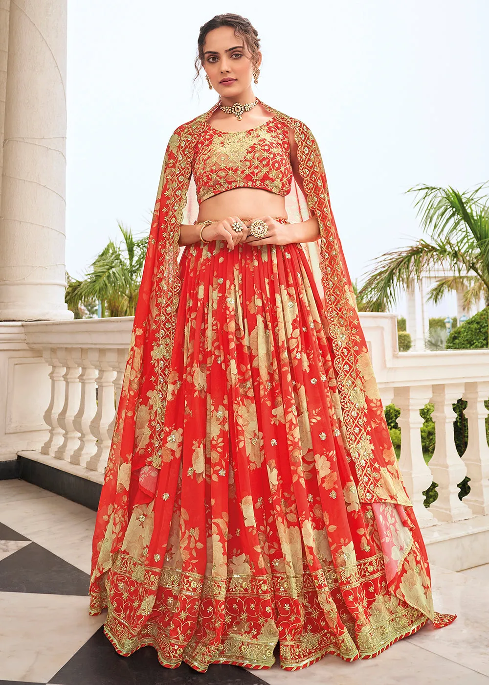 Digital Printed Carrot Red Designer Trendy Lehenga Choli