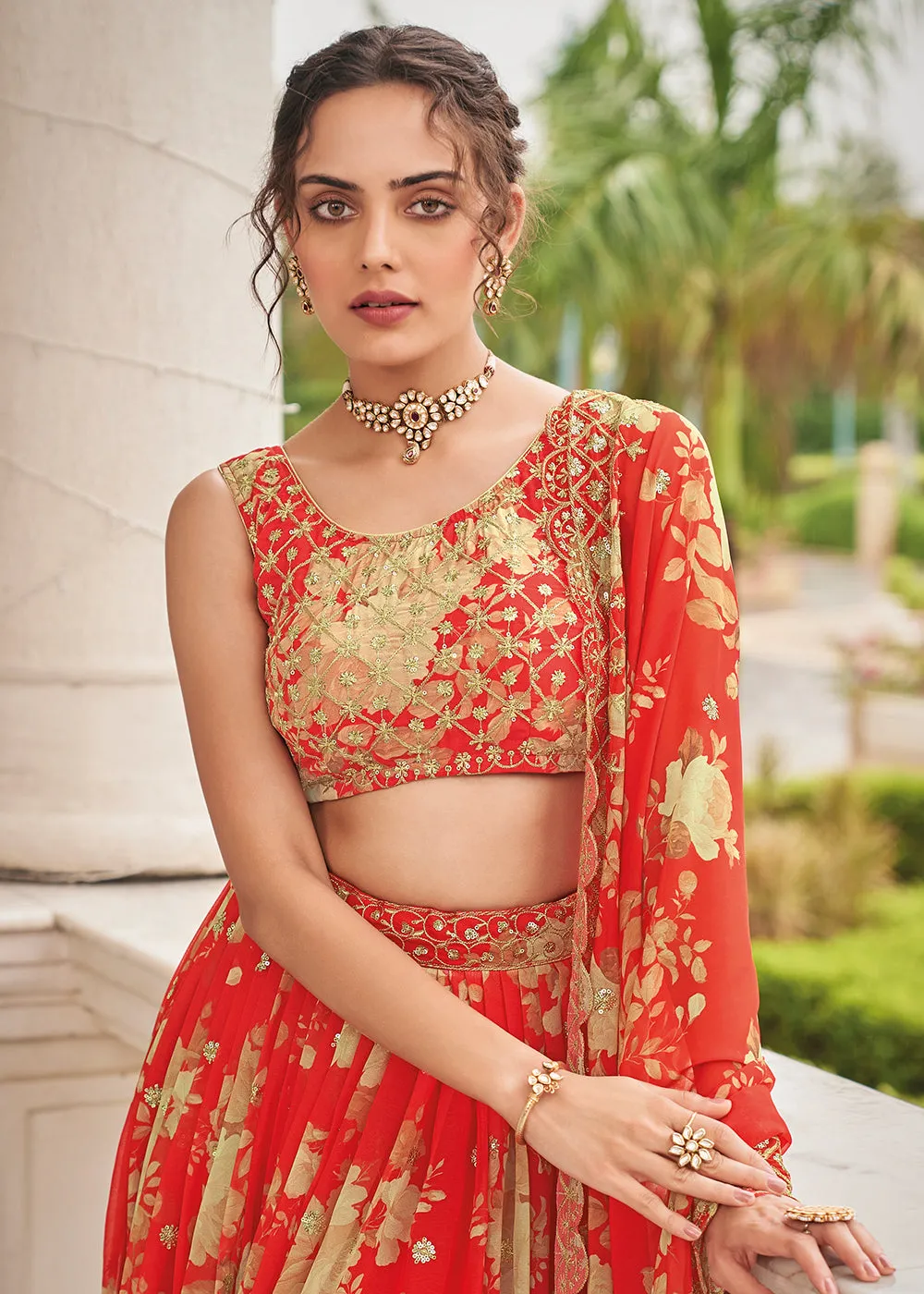 Digital Printed Carrot Red Designer Trendy Lehenga Choli