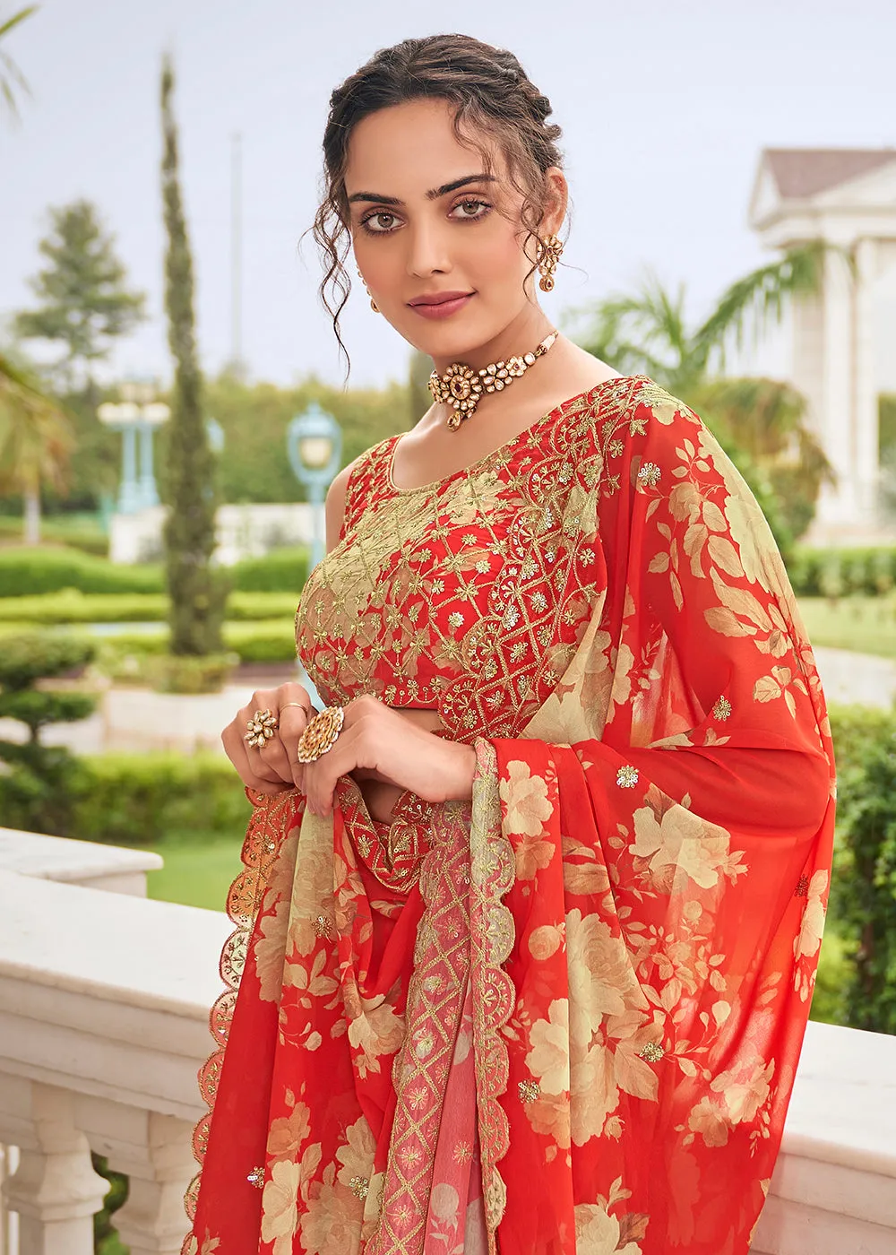 Digital Printed Carrot Red Designer Trendy Lehenga Choli