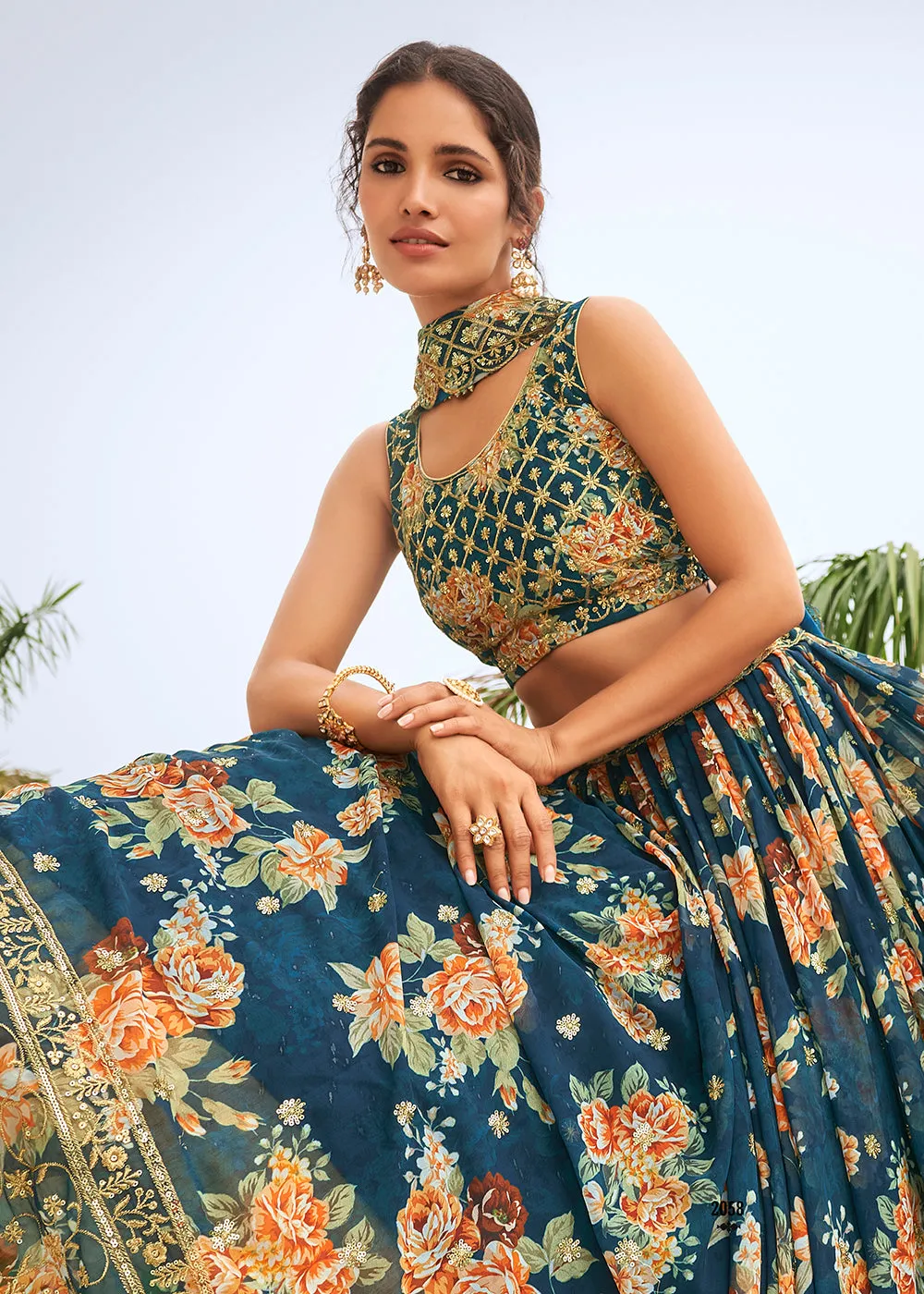 Digital Printed Teal Blue Designer Trendy Lehenga Choli
