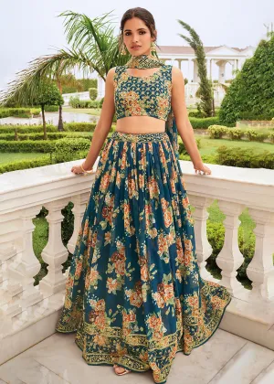 Digital Printed Teal Blue Designer Trendy Lehenga Choli