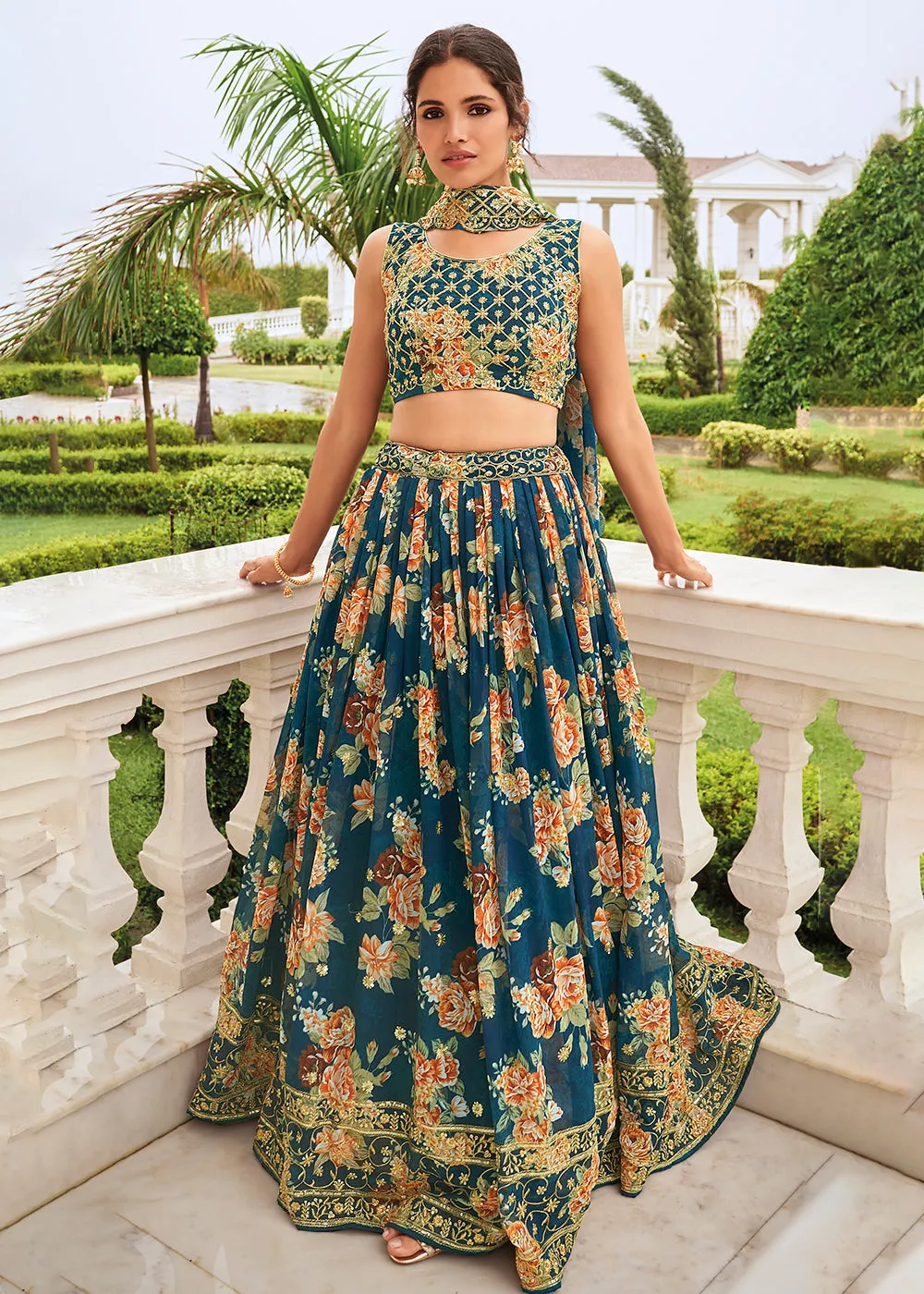 Digital Printed Teal Blue Designer Trendy Lehenga Choli