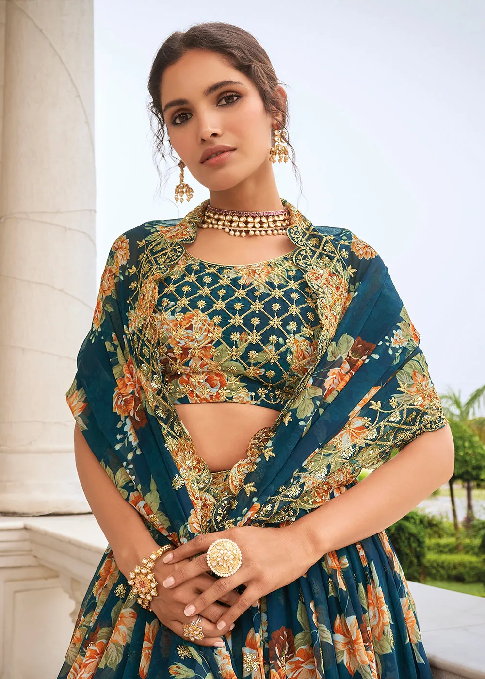 Digital Printed Teal Blue Designer Trendy Lehenga Choli