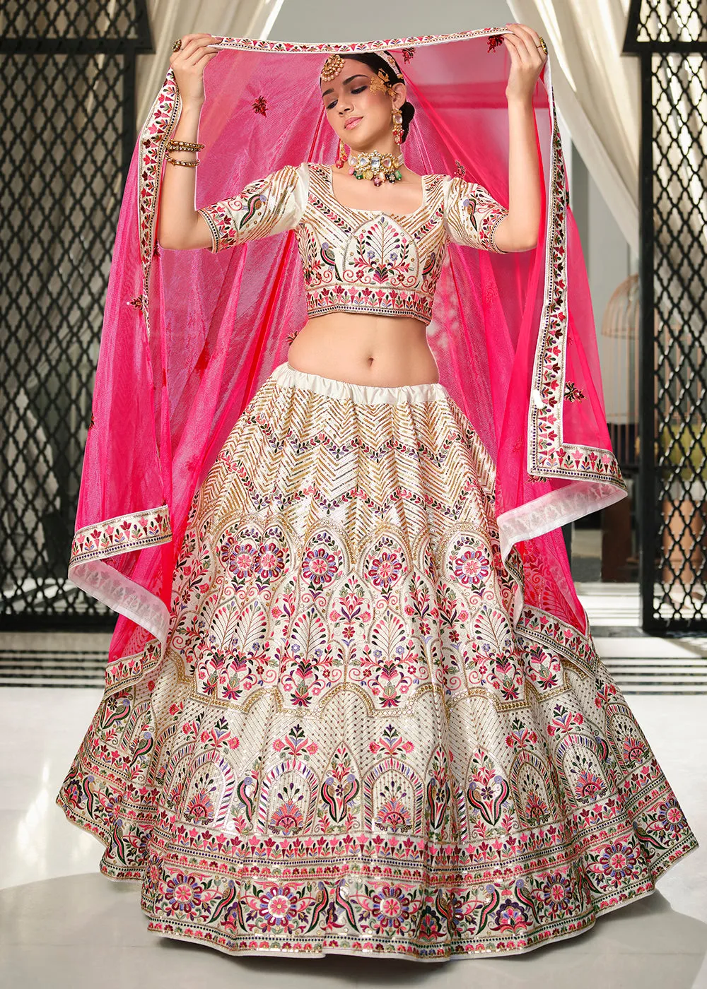 Festive Off White Sequins Embroidered Wedding Trendy Lehenga