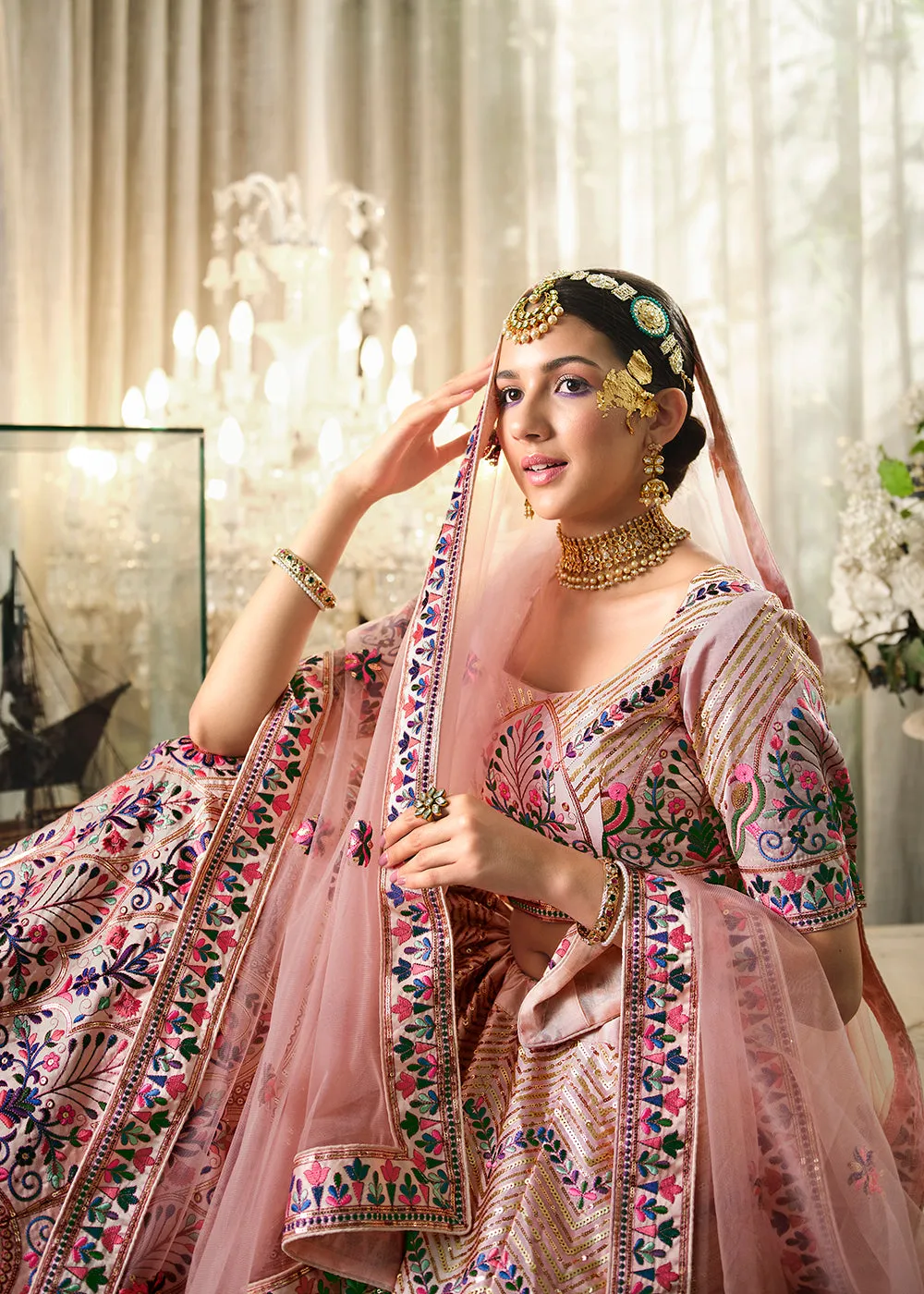 Festive Peach Sequins Embroidered Wedding Trendy Lehenga