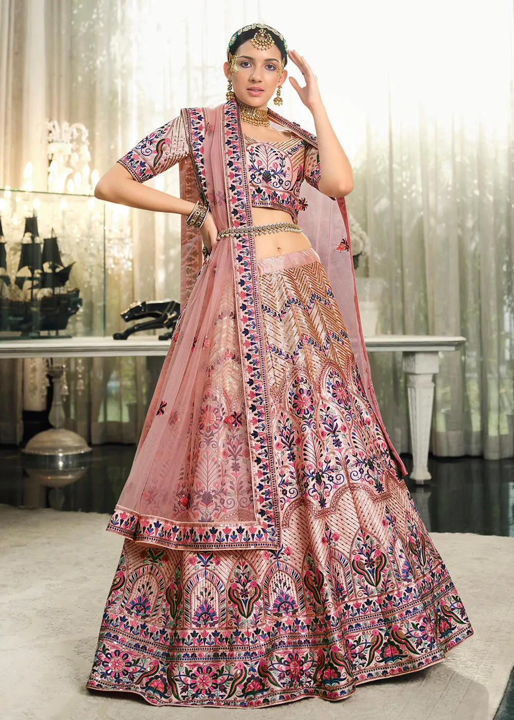 Festive Peach Sequins Embroidered Wedding Trendy Lehenga