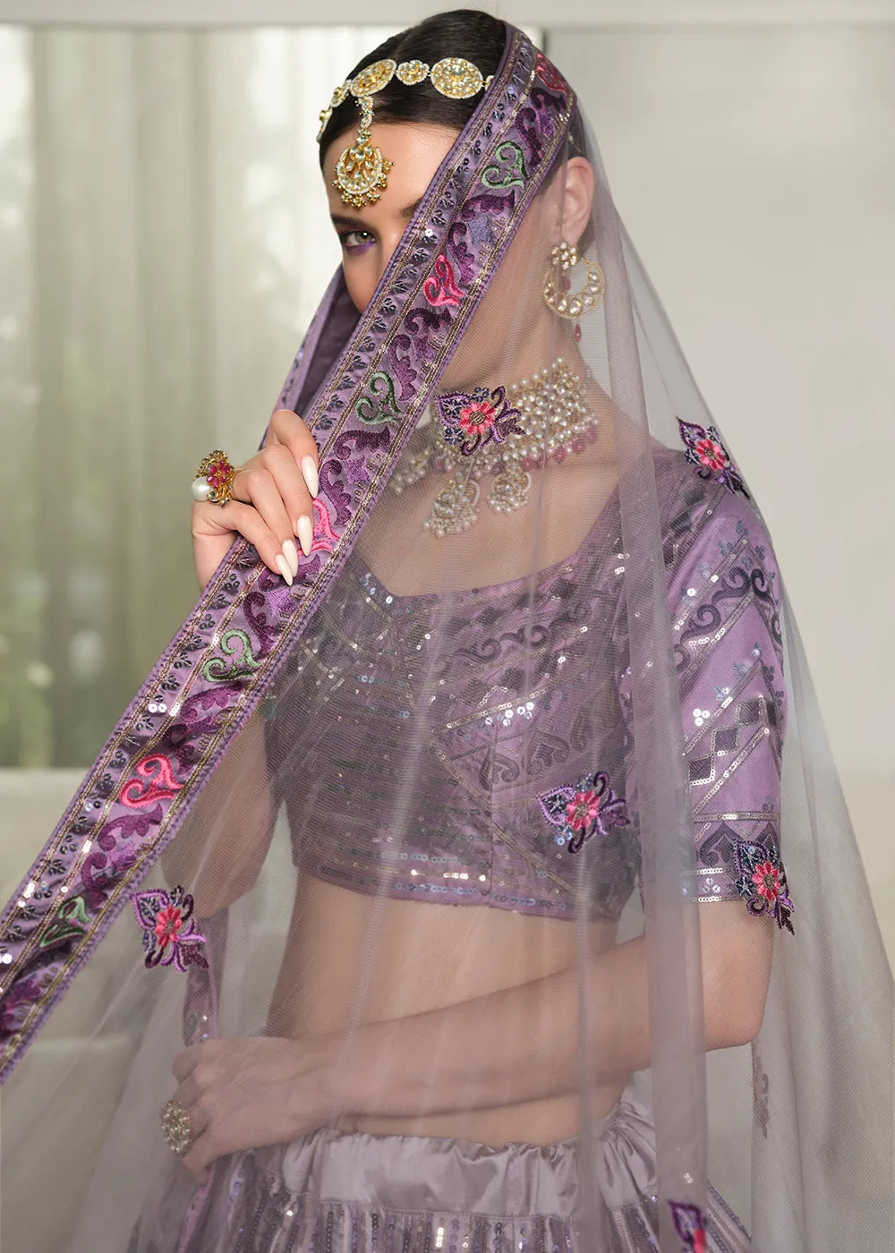 Festive Purple Sequins Embroidered Wedding Trendy Lehenga