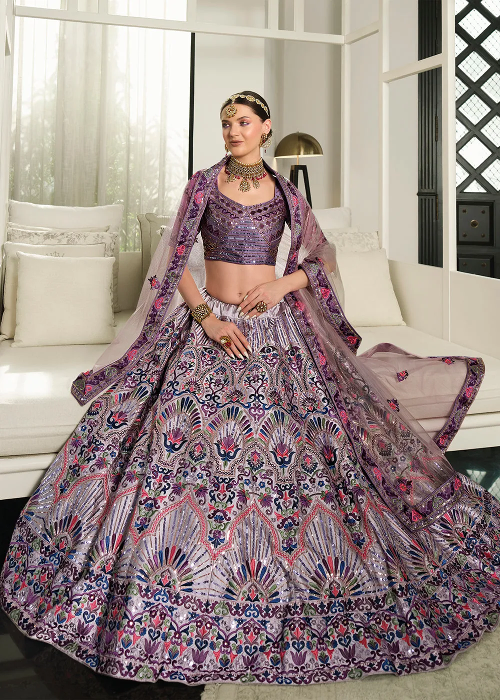 Festive Purple Sequins Embroidered Wedding Trendy Lehenga