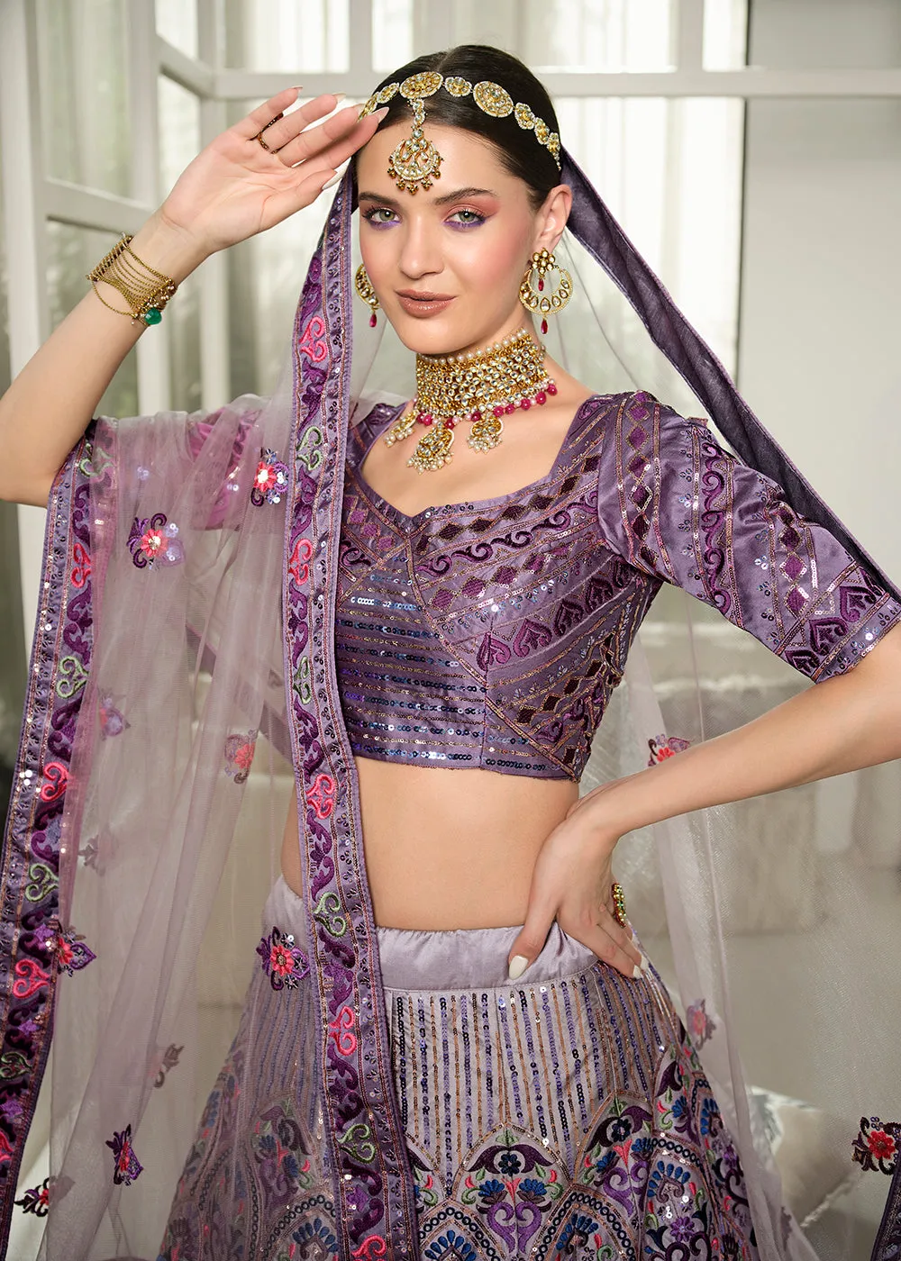 Festive Purple Sequins Embroidered Wedding Trendy Lehenga