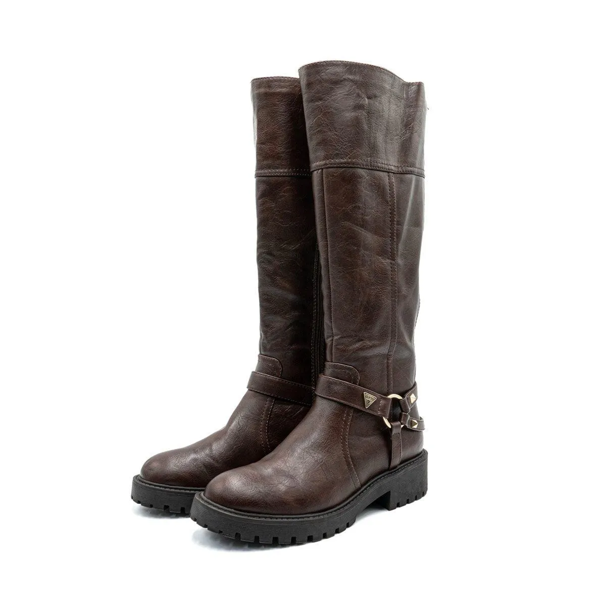 Guess Detect Motorcycle High Boots Leather Brown Colour For Women
