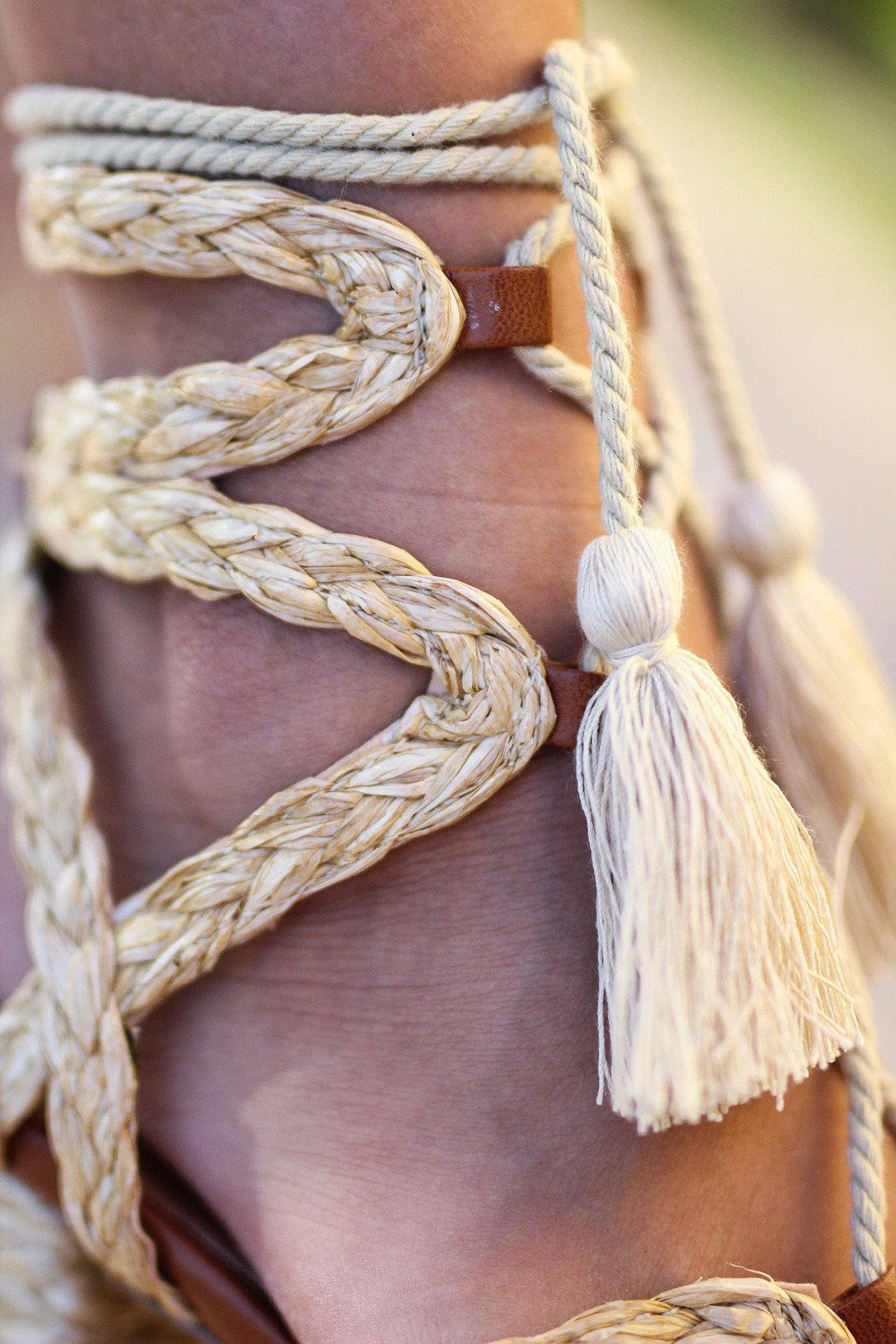 Natural Rafia Lace Up Sandals