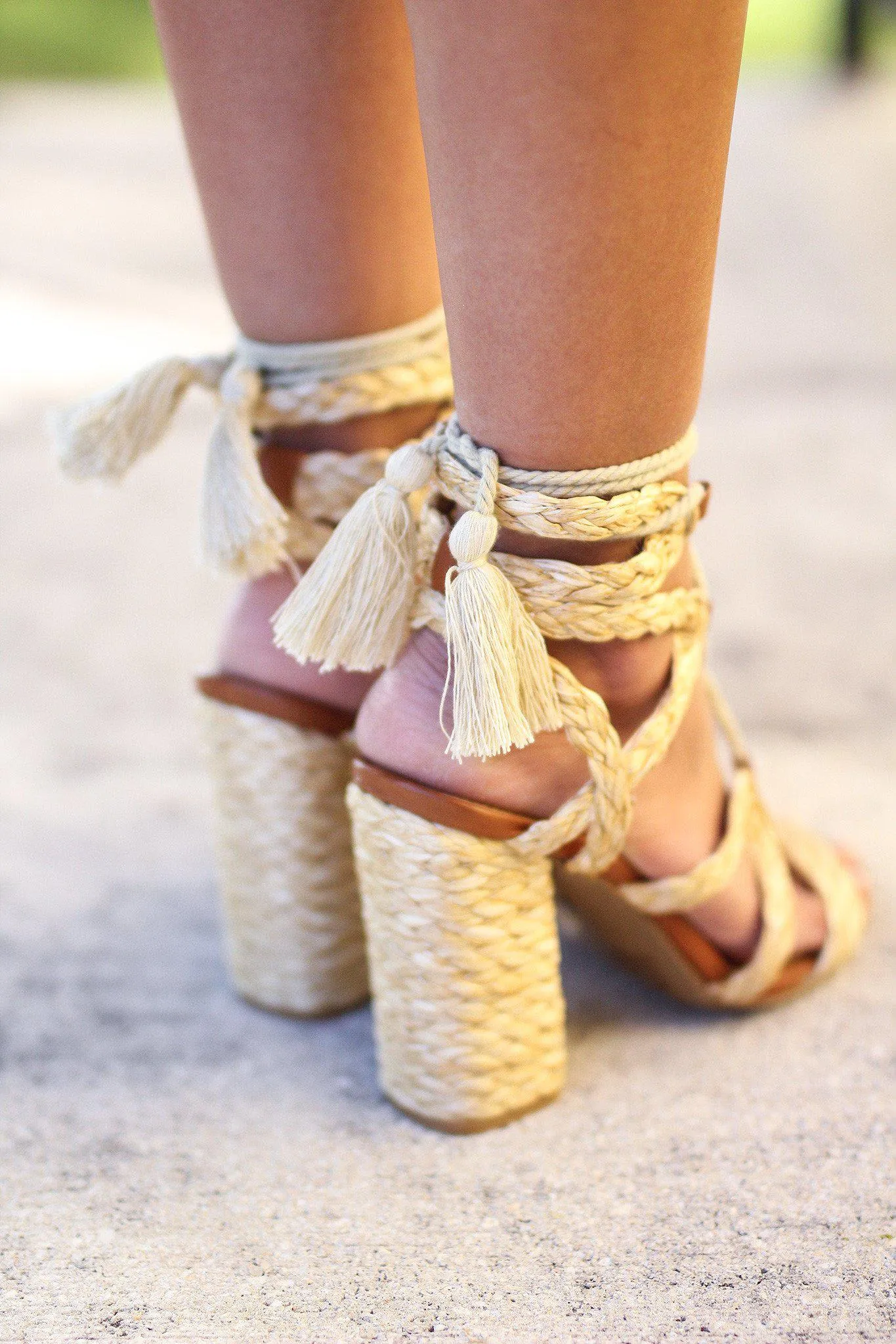 Natural Rafia Lace Up Sandals