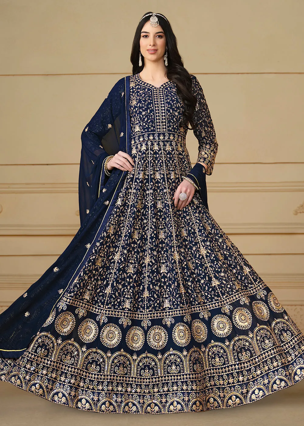 Navy Blue Embroidered Trendy Style Anarkali Suit