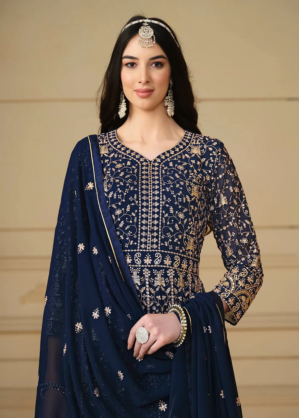 Navy Blue Embroidered Trendy Style Anarkali Suit