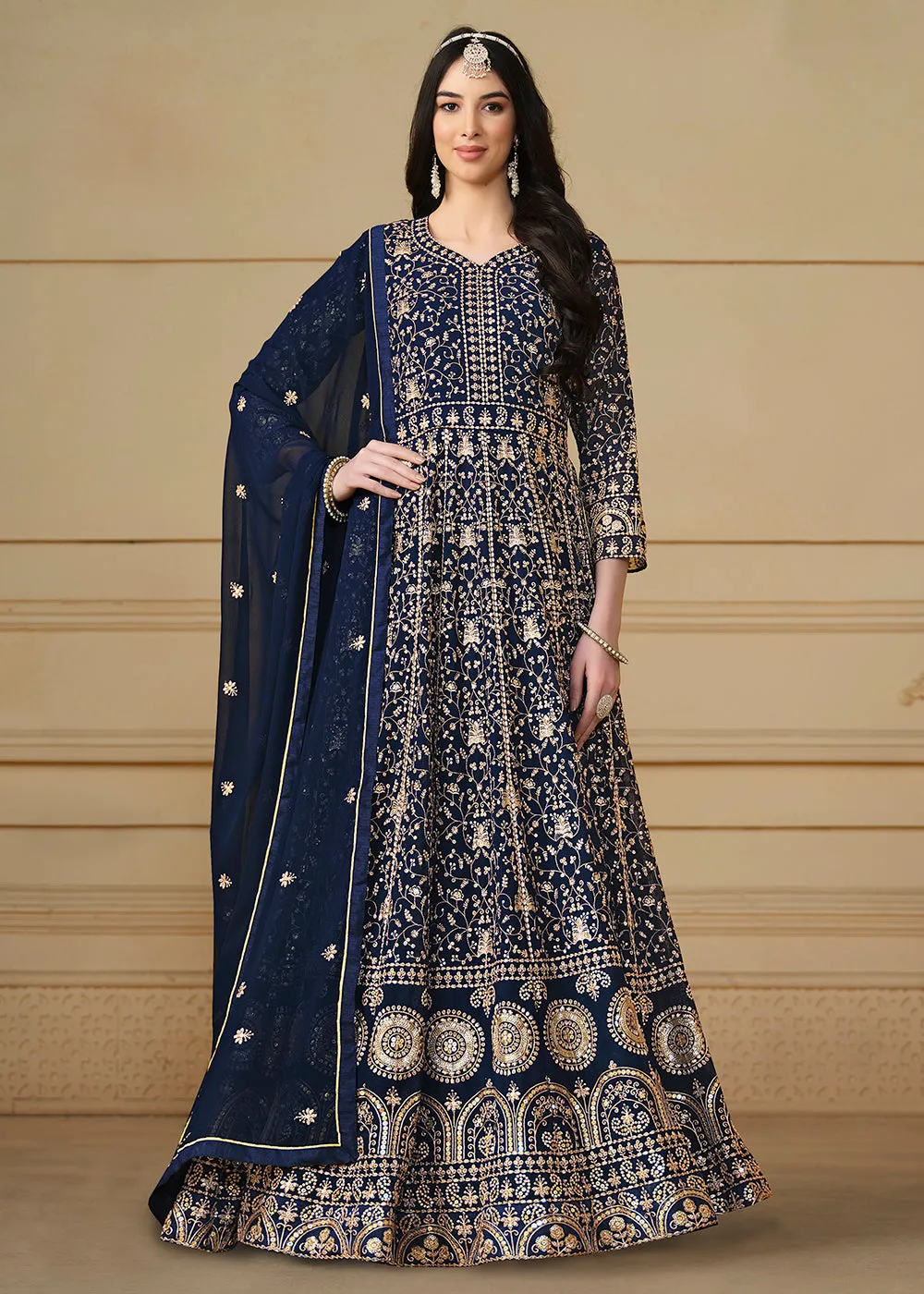 Navy Blue Embroidered Trendy Style Anarkali Suit