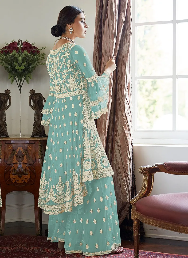 Trendy Bell Sleeved Embroidered Sharara in Light Blue