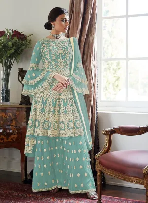 Trendy Bell Sleeved Embroidered Sharara in Light Blue