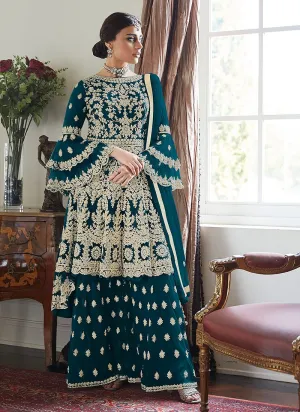 Trendy Bell Sleeved Embroidered Sharara in Nile Blue