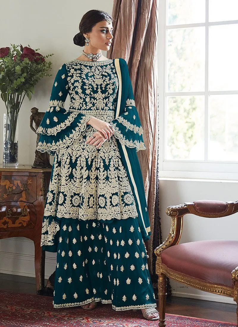 Trendy Bell Sleeved Embroidered Sharara in Nile Blue