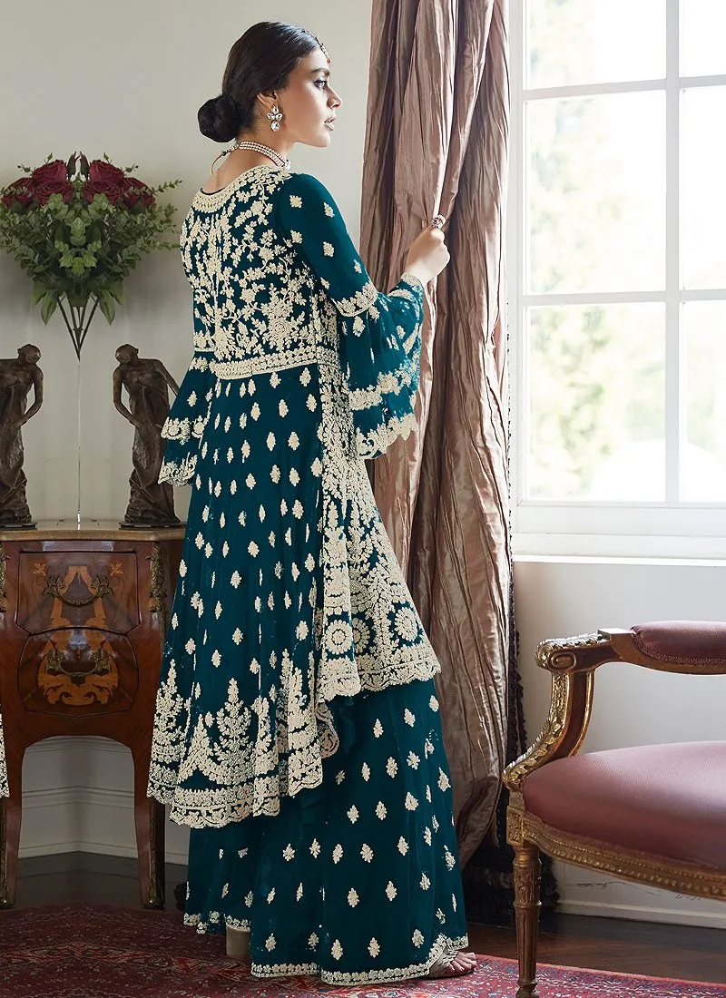 Trendy Bell Sleeved Embroidered Sharara in Nile Blue