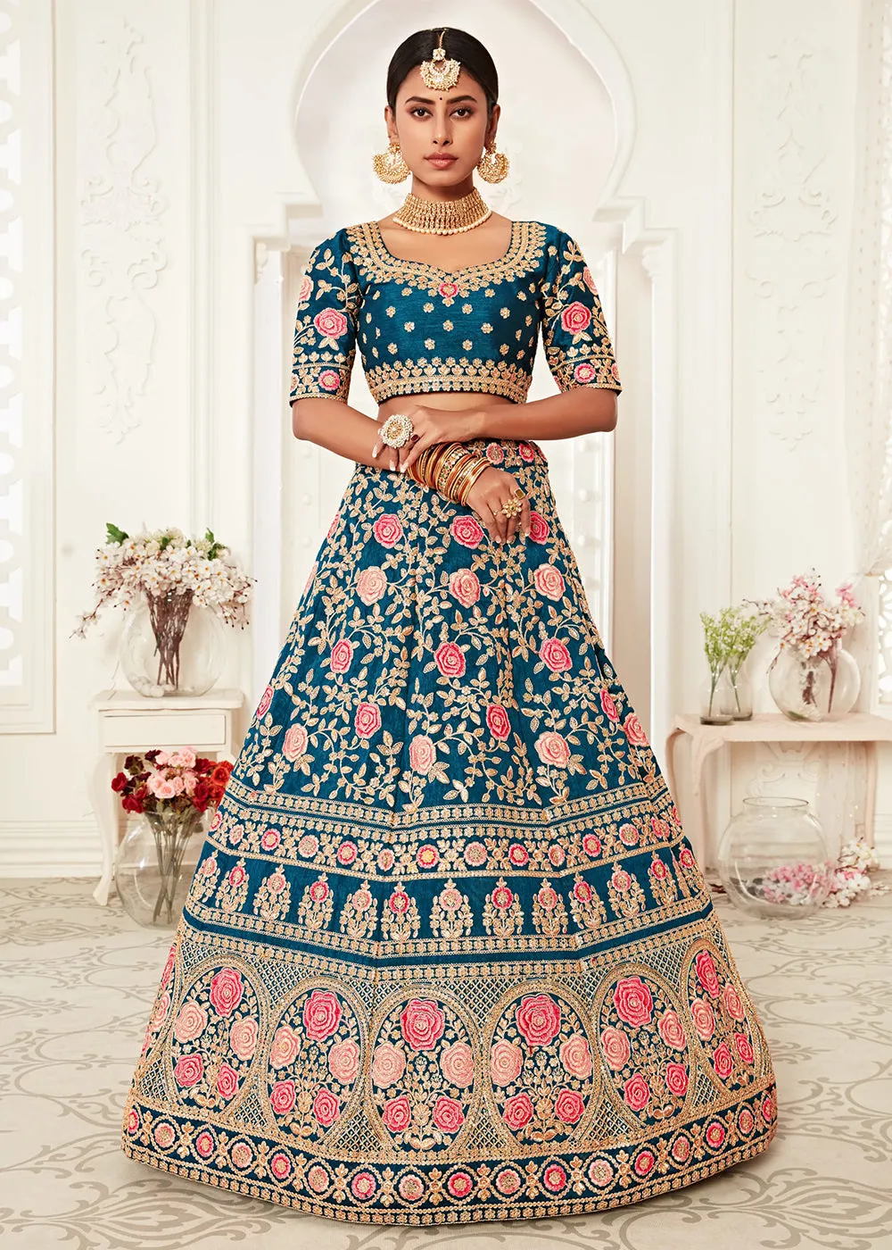 Trendy Blue Silk Embroidered Wedding Lehenga Choli