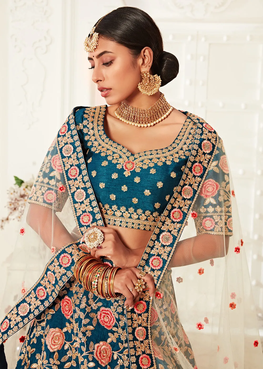 Trendy Blue Silk Embroidered Wedding Lehenga Choli