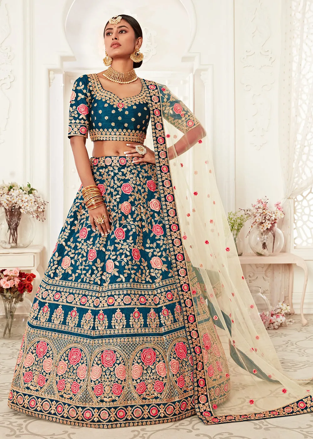 Trendy Blue Silk Embroidered Wedding Lehenga Choli