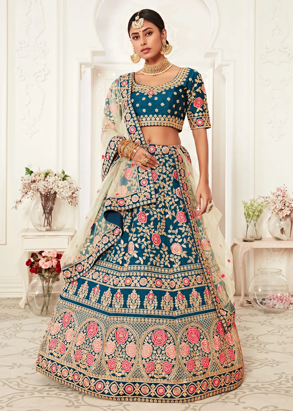 Trendy Blue Silk Embroidered Wedding Lehenga Choli