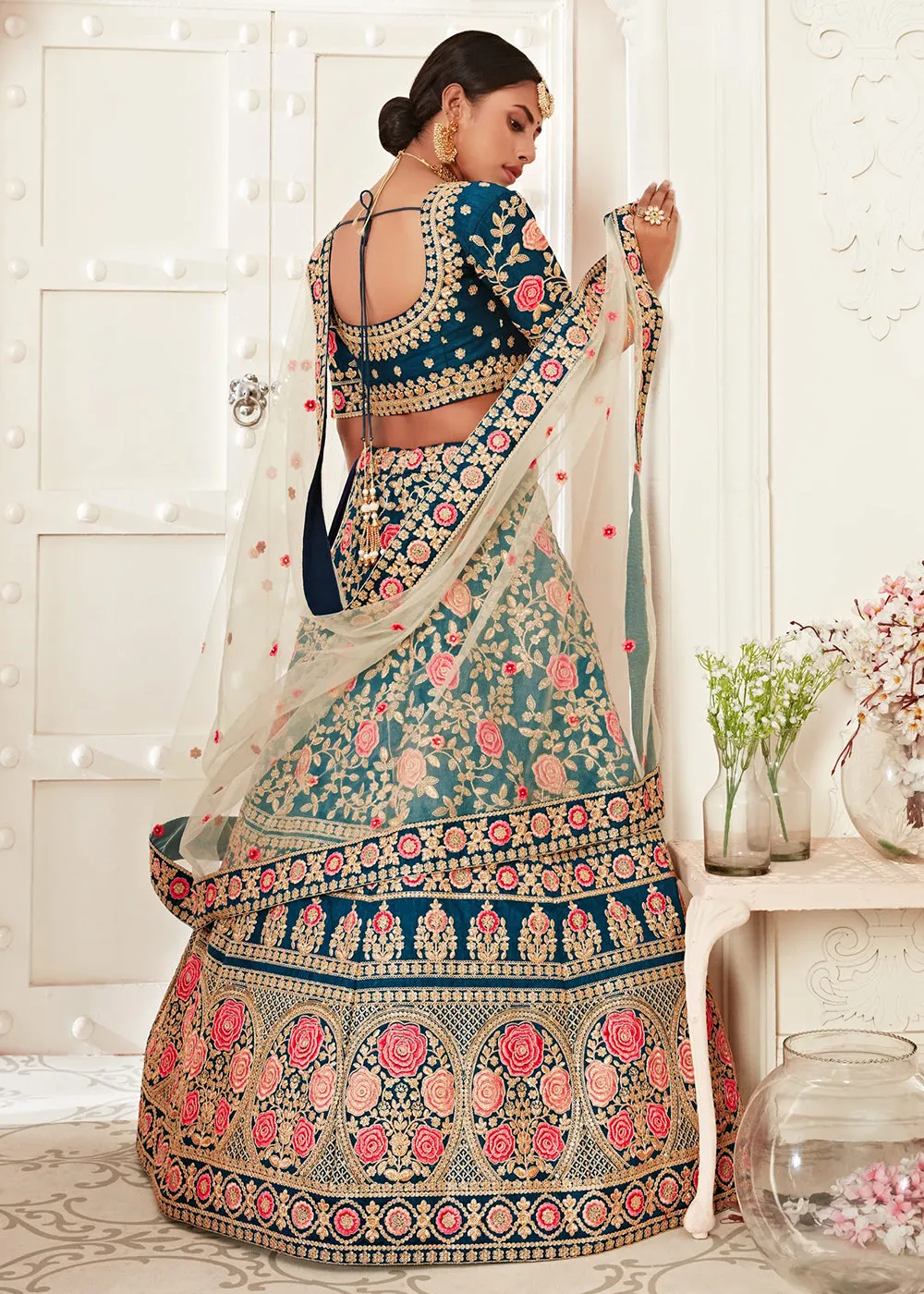 Trendy Blue Silk Embroidered Wedding Lehenga Choli