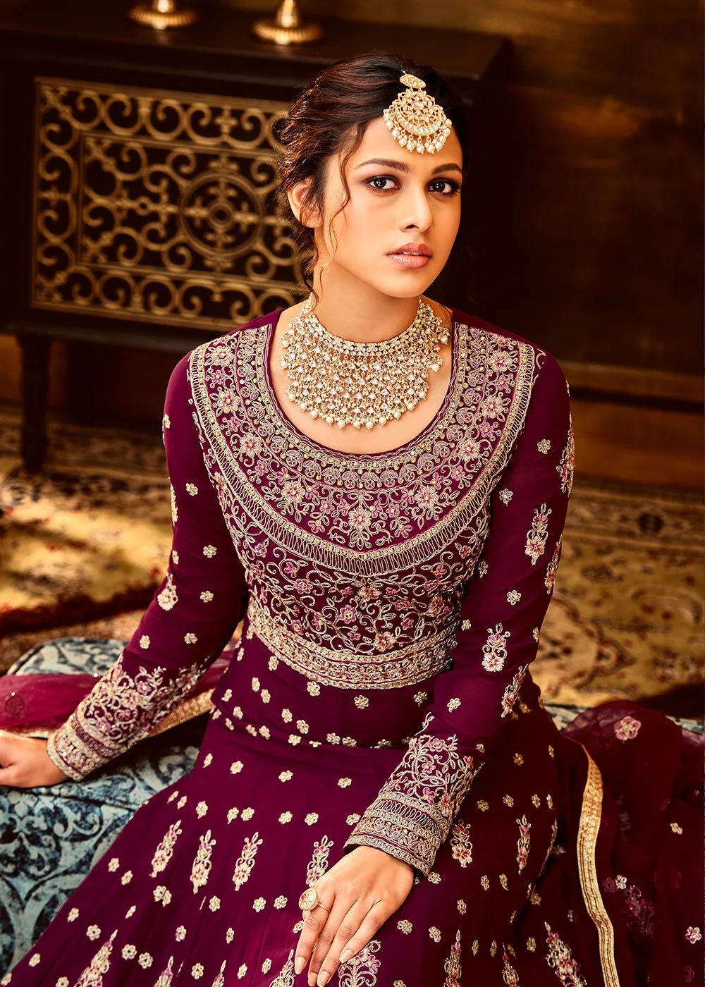 Trendy Magenta Maroon Embroidered Wedding Anarkali Gown