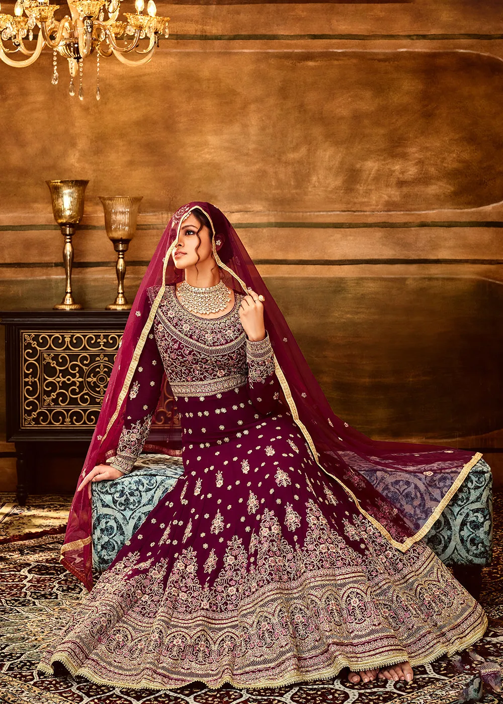 Trendy Magenta Maroon Embroidered Wedding Anarkali Gown