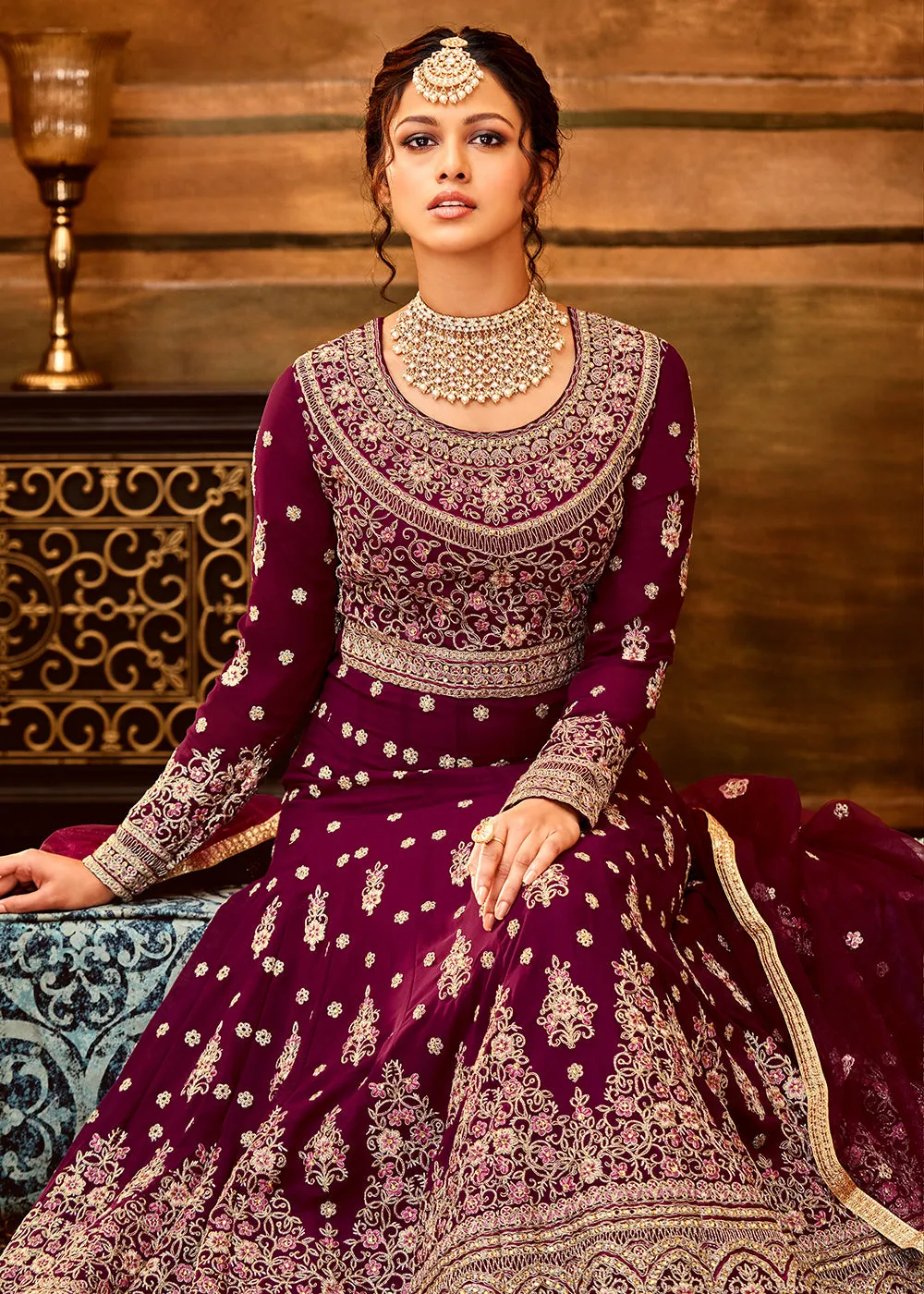 Trendy Magenta Maroon Embroidered Wedding Anarkali Gown