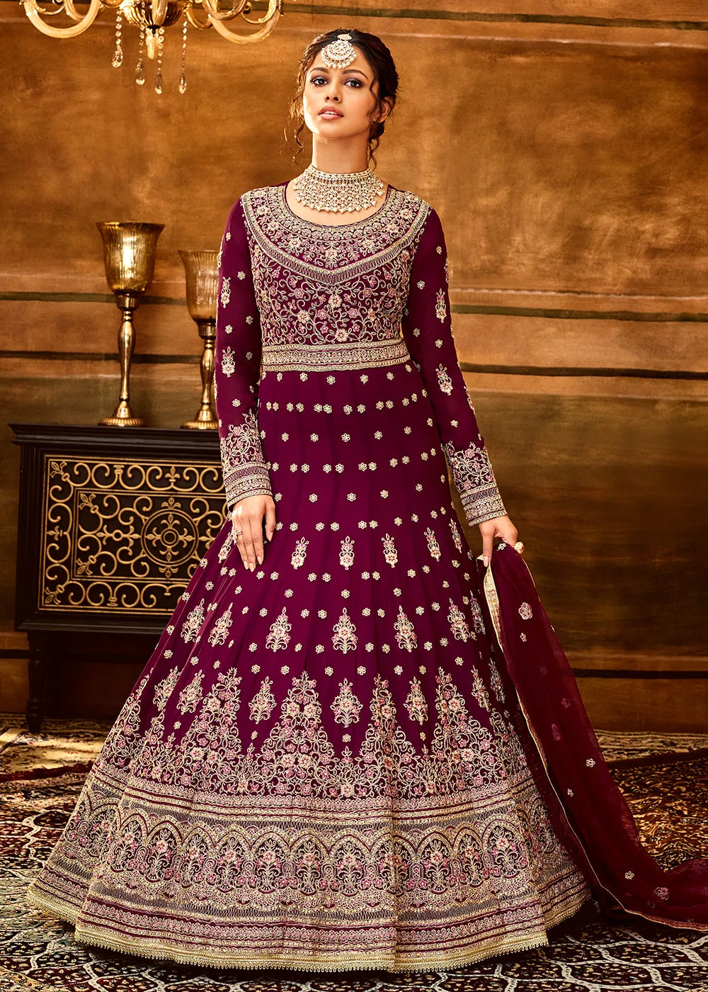 Trendy Magenta Maroon Embroidered Wedding Anarkali Gown