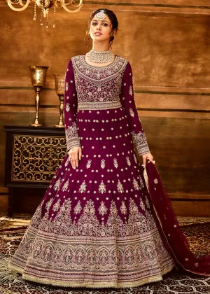 Trendy Magenta Maroon Embroidered Wedding Anarkali Gown