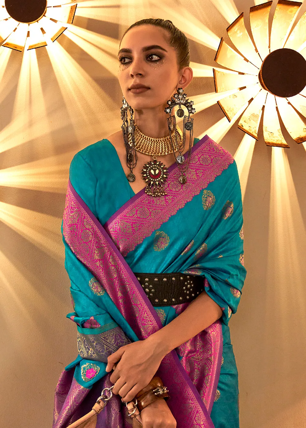 Trendy Weaving Silk Turkish Blue Designer Saree