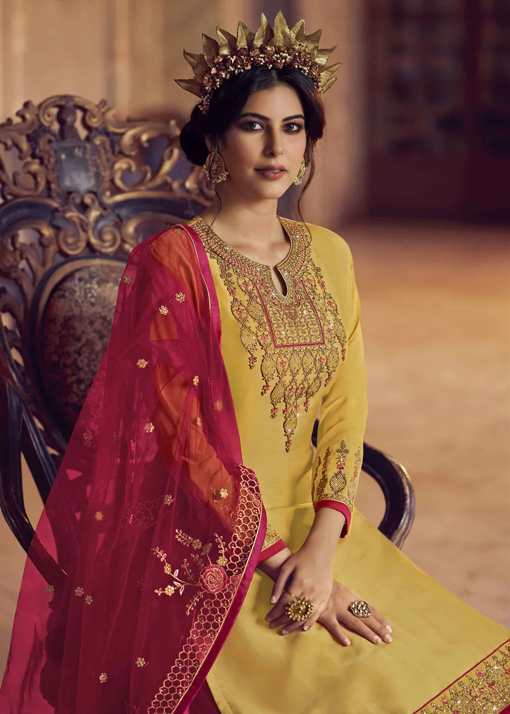 Yellow & Pink Lehenga/Pant Style Trendy Suit